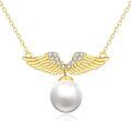 wholesale  14K Yellow Gold Angel Wing Pendant Necklace with Freshwater Pearls 16+1 Adjustable Chain for Women-0-0