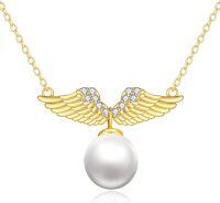 wholesale  14K Yellow Gold Angel Wing Pendant Necklace with Freshwater Pearls 16+1 Adjustable Chain for Women-14K yellow gold wings pearl necklace