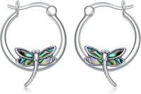 wholesale 925 Sterling Silver Abalone Shell Inlay Dragonfly Huggie Hoop Earrings 20mm Austrian Crystals-Dragonfly