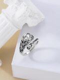 wholesale 925 Sterling Silver Rose & Skull Adjustable Ring - Gothic Themed Vintage Style Statement Finger s for Her-0-1