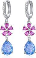 wholesale 925 Sterling Silver Pink Sapphire & Blue Topaz Flower Drop Earrings for Women Bridesmaid Gifts-0-0