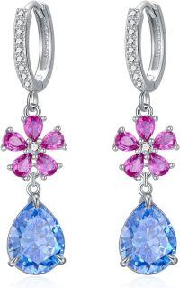 wholesale 925 Sterling Silver Pink Sapphire & Blue Topaz Flower Drop Earrings for Women Bridesmaid Gifts-style1