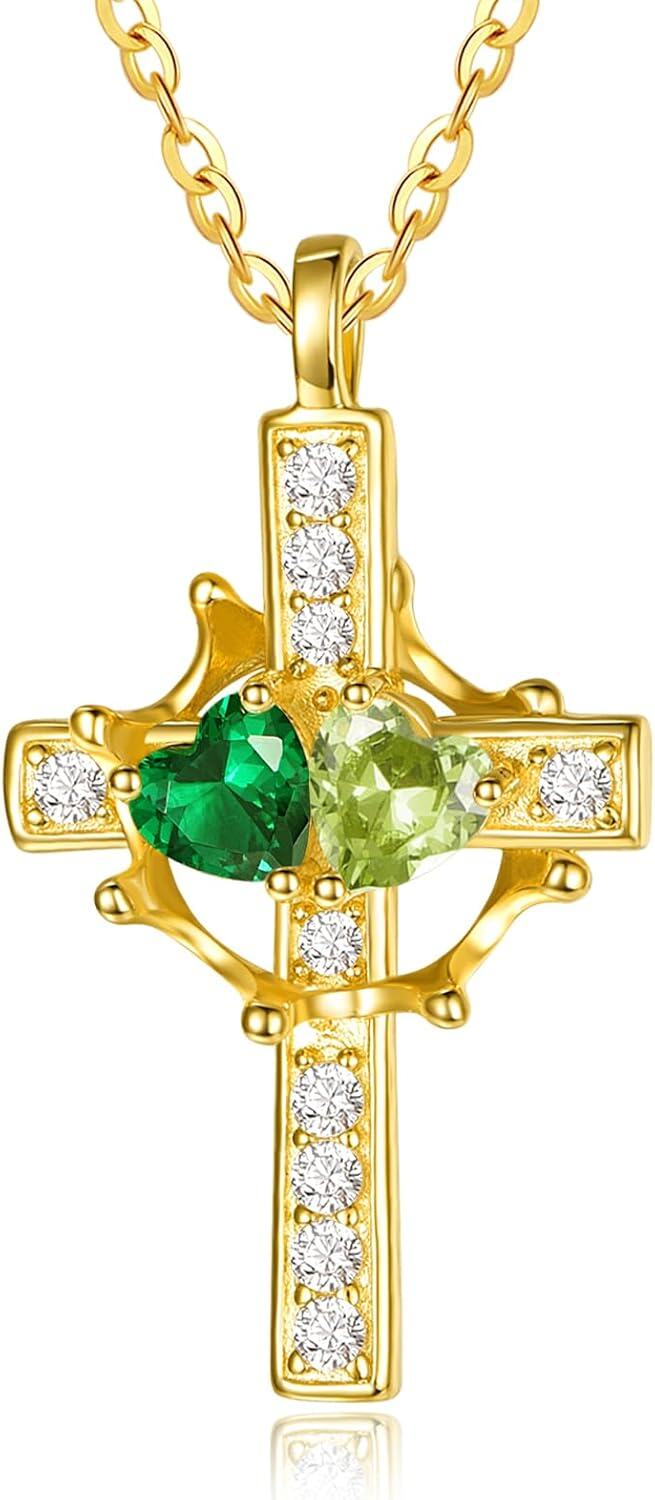 Sterling Silver Birthstones Gold Cross Necklace for Women -05-08-May-Aug-05-08-May-Aug