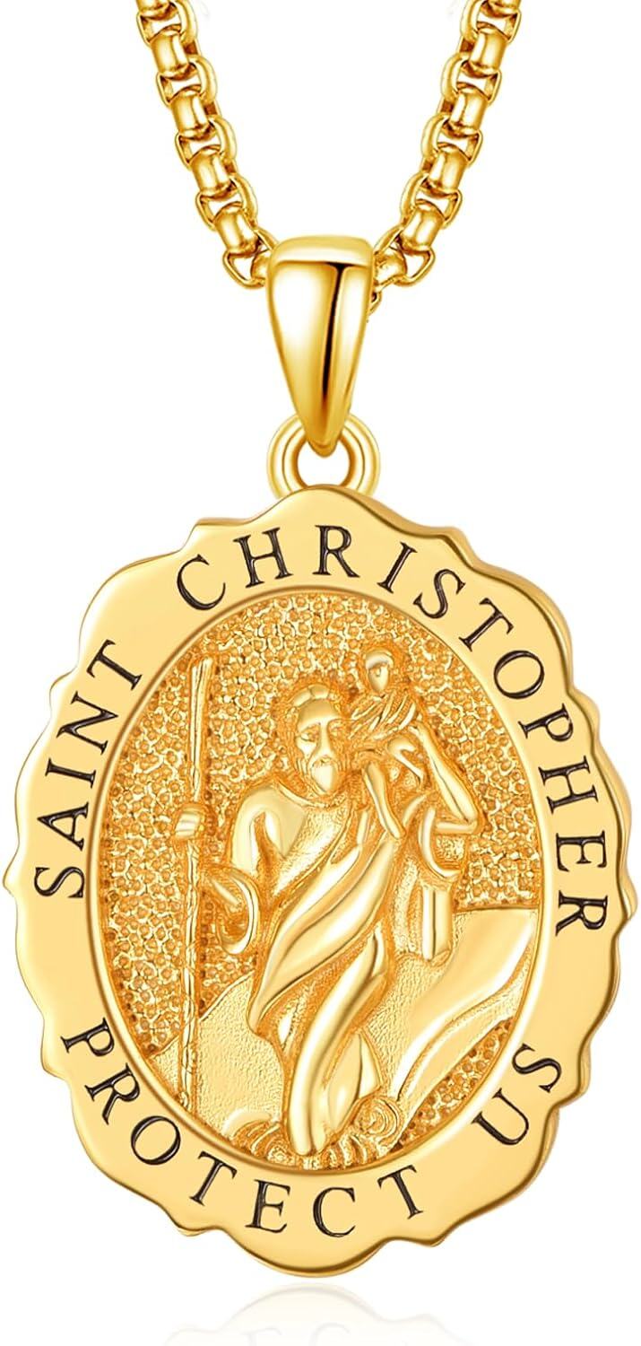 wholesale Sterling Silver 24K Gold Plated Saint Medal Pendant Necklace for Men Women-St Christopher-St Christopher-St Christopher-Personalized