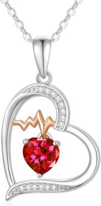 wholesale Sterling Silver Gemstone Love Heart Birthstone Necklace with Heartbeat Pendant for Women Gift for Mother Wife Girlfriend-07-Jul-Ruby