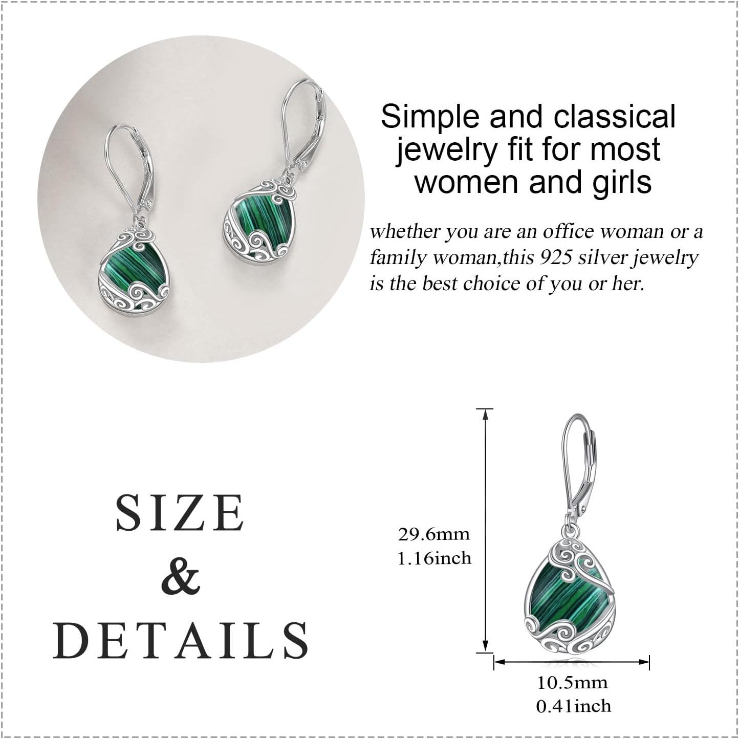925 Sterling Silver Malachite Leverback Teardrop Dangle Earrings for Women-0-4