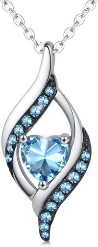 wholesale Platinum Plated 925 Sterling Silver Birthstone Necklace Heart Pendant Gift for Women-March-Aquamarine