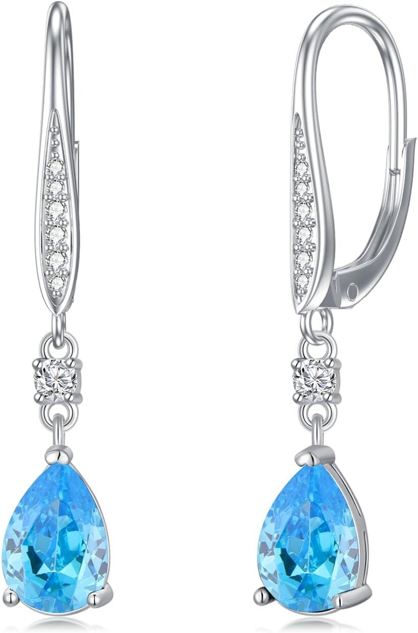 Sterling Silver Austrian Crystal Teardrop Leverback Earrings Women s Gift-03-aquamarine-Mar