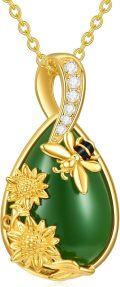 wholesale 925 Sterling Silver and Green Jade Pendant Necklace with Sunflower & Honeybee Design - Gift Ideas for Her-0-0