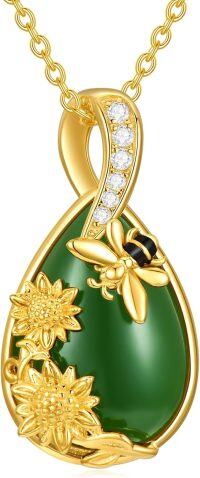 wholesale 925 Sterling Silver and Green Jade Pendant Necklace with Sunflower & Honeybee Design - Gift Ideas for Her-Bee-Gold