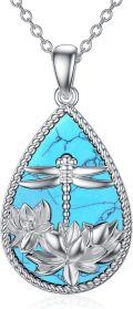 wholesale 925 Sterling Silver Teardrop Turquoise Dragonfly Lotus Flower Pendant Necklace for Women Gifts-0-0
