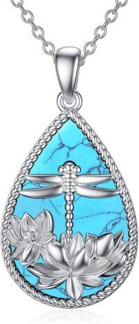 wholesale 925 Sterling Silver Teardrop Turquoise Dragonfly Lotus Flower Pendant Necklace for Women Gifts-a.Dragonfly