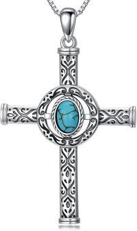 wholesale 925 Sterling Silver & Turquoise Cross Necklace with Floral Pendant - 18 Adjustable Chain, Healing Stone, Vintage Oxidized Finish, Gift for Her-Florals