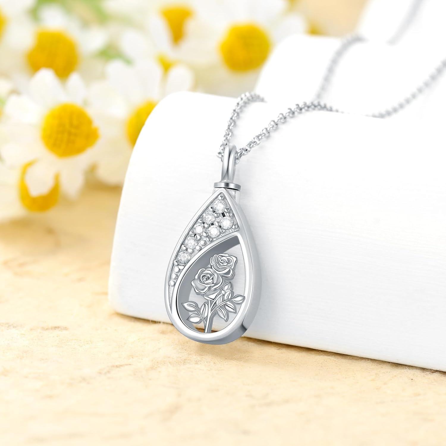 925 Sterling Silver Floral Tear Drop Keepsake Pendant Necklaces w/Funnel Set for Women's Memorial Jewelry-0-1