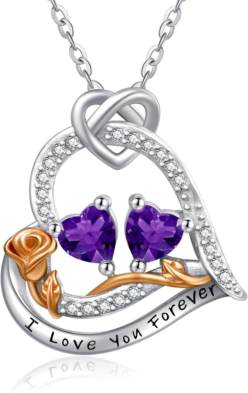  Sterling Silver 2 Birthstones Rose Heart Necklace for Women -02-02-Feb-Feb