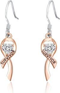 wholesale 925 Sterling Silver Heart-Shaped Survivor Ribbon Drop Earrings - Breast Cancer Awareness  for Women-Pink Ribbon