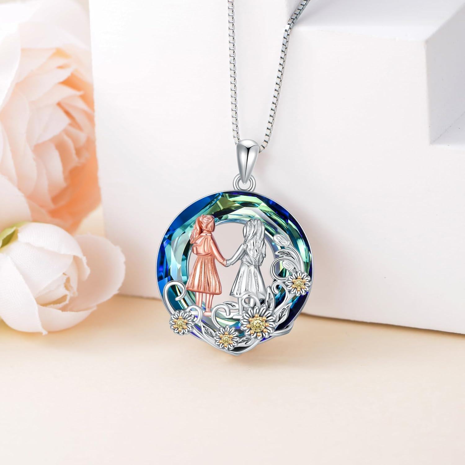 925 Sterling Silver Metal Crystal Daisy Heart Tree of Life Pendant Necklace for Women Sisters Gifts-0-1