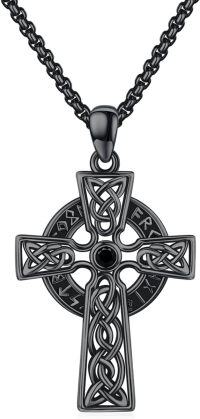 wholesale Black 925 Sterling Silver Celtic Knot Cross Pendant with Black Onyx Gemstone Norse Valknut Amulet Necklace for Men & Women-Black Plated