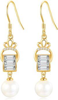 wholesale S925 Sterling Silver Gold-Plated Zircon & Simulated Pearl Crown Earrings, Hypoallergenic Elegant Dangle Jewelry for Women-Pearl
