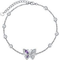 wholesale 925 Sterling Silver Purple Butterfly Anklet with Beads and Crystal Accents for Women-Anklet 9''-11''-Butterfly-A