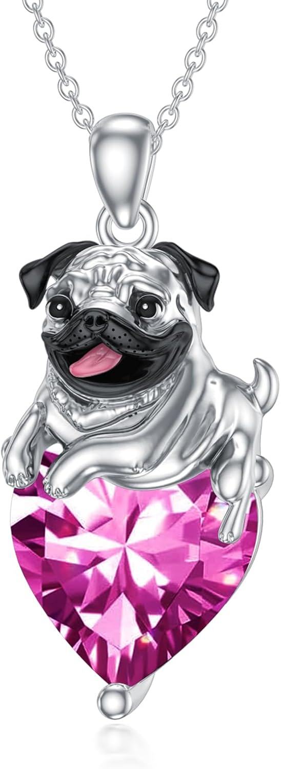 Sterling Silver Birthstone Pug Necklace for Women Dog Lovers-10-Oct-Pink