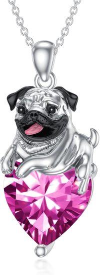 wholesale 925 Sterling Silver Birthstone Pug Necklace for Women Dog Lovers-10-Oct-Pink
