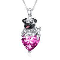 wholesale 925 Sterling Silver Happy Hugging Dog Heart Shape Blue Crystals Pendant Necklace-10-Oct-Pink