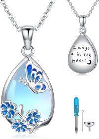wholesale 925 Sterling Silver Teardrop Moonstone Butterfly Cremation Keepsake Pendant Necklace with Funnel and Fill Tool Set-1-Butterfly