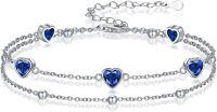 wholesale 925 Sterling Silver with 5A Cubic Zirconia & Sapphire Double Strand Heart Charm Bracelet - September Birthstone Gift for Women-09-Sep.-Sapphire