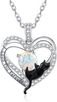 wholesale Sterling Silver Birthstone Cat Projection Heart Pendant Necklace-18-Opal-18-Opal