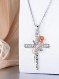 wholesale 925 Sterling Silver Rose Flower Love Cross Pendant Necklace for Grandma/Mom/Nana/Daughter Gifts-0-3