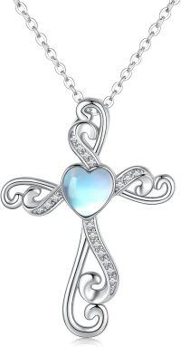 wholesale 925 Sterling Silver Heart-Shaped Moonstone & Turquoise Cross Pendant Necklace for Women and Girls-Moonstone