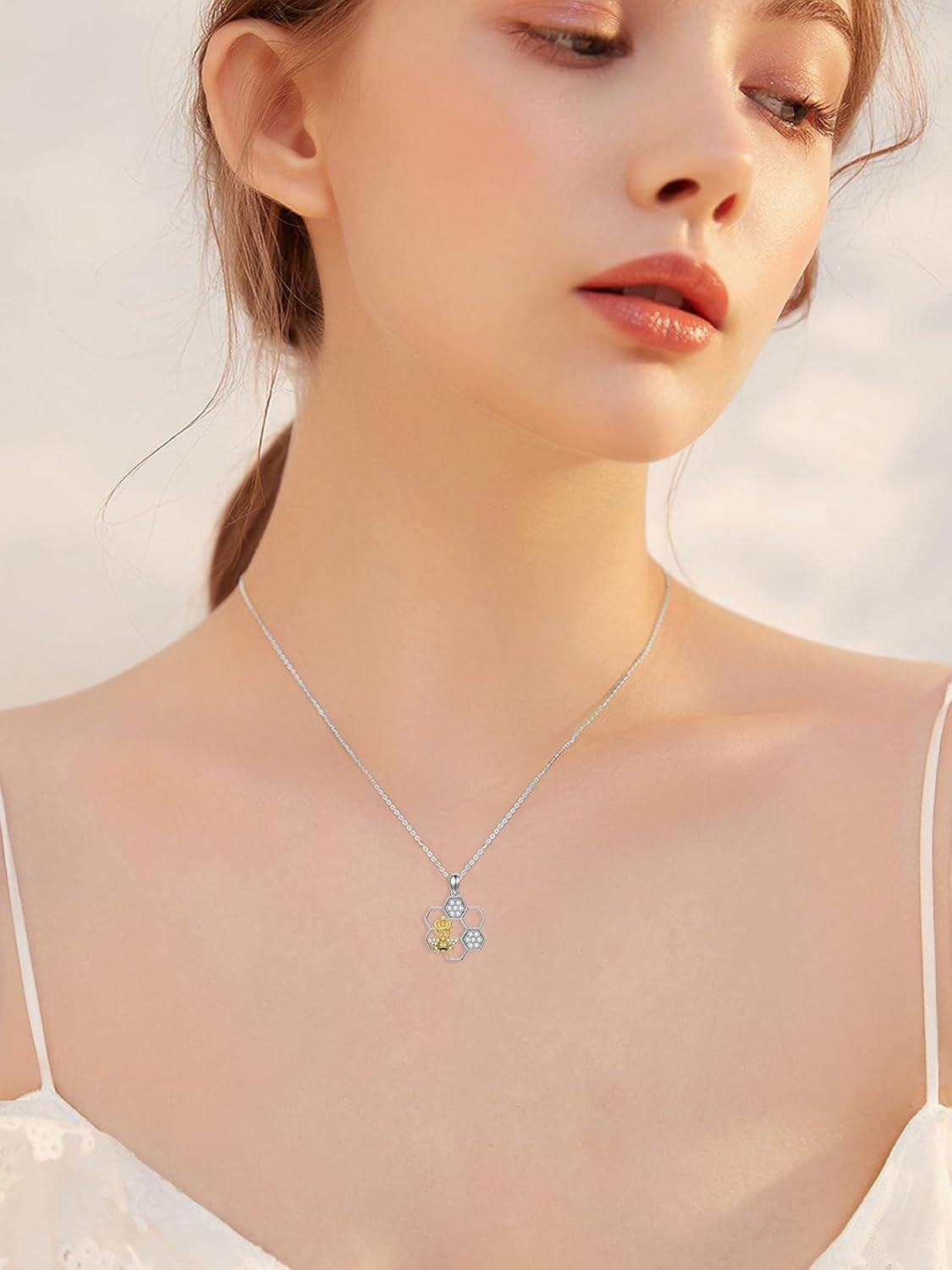 Sterling Silver Honeycomb Crown Bee Ladybug Pendant Necklace for Her-0-2