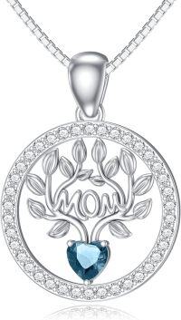 wholesale 925 Sterling Silver 12 Birthstones Tree of Life Necklace for Mom-Simulated Aquamarine-Mar.