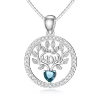 wholesale 925 Sterling Silver 12 Birthstones Tree of Life Necklace for Mom-Simulated Aquamarine-Mar.