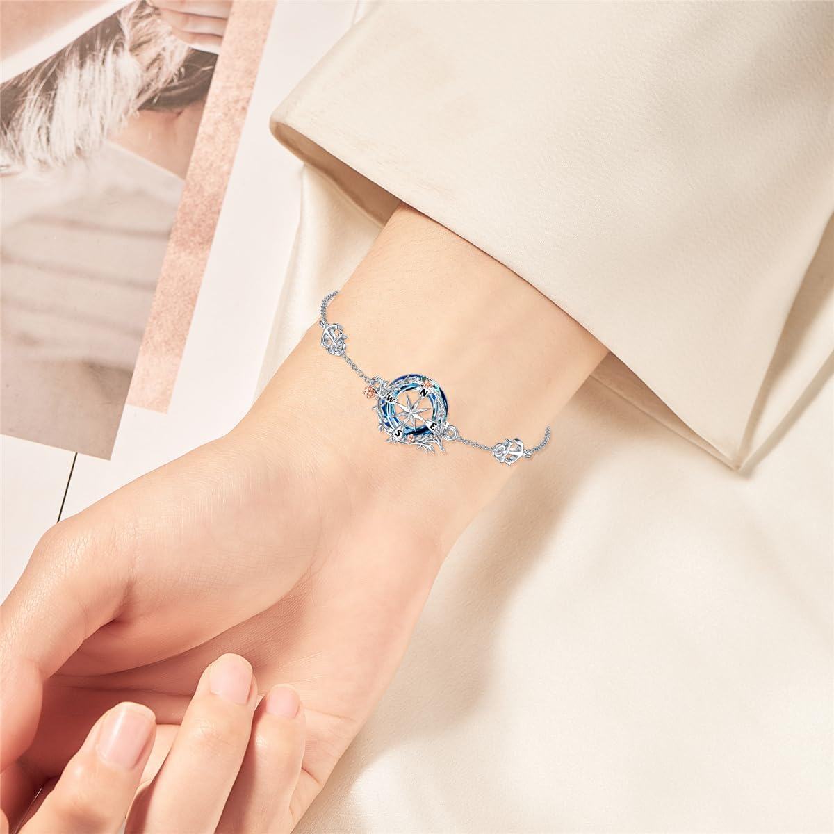 wholesale 925 Sterling Silver Blue Crystal Compass Rose Birthstone Bracelet with Black Cats and Hearts Gifts for Women & Moms-0-2