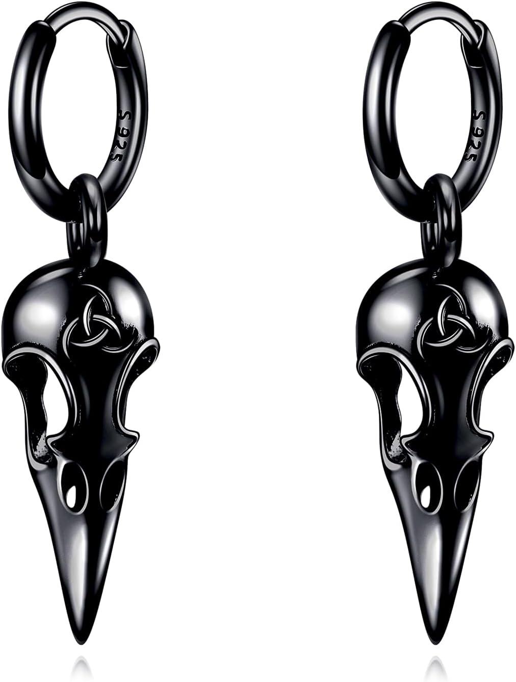 925 Sterling Silver Raven Skull Drop Dangle Earrings Norse Viking s for Men Women-0-0