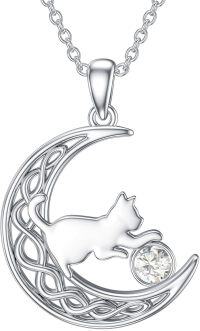 wholesale Sterling Silver Birthstone Cat in Moon Pendant Necklace for Women-April