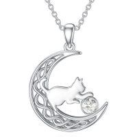 wholesale 925 Sterling Silver Cat And Moon Necklace Wholesale With Ruby Charm-April