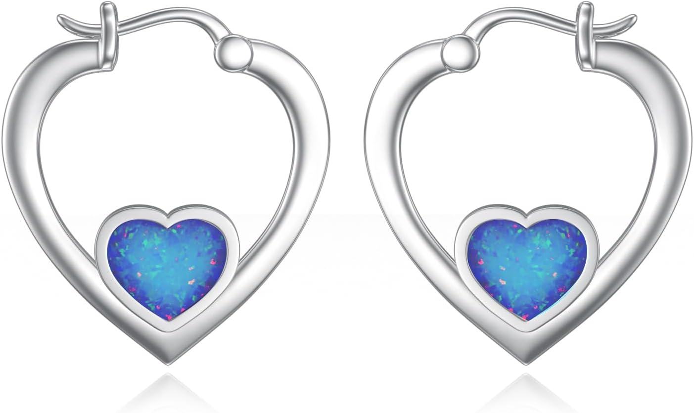 925 Sterling Silver Heart-Shaped Blue Opal Hoop Earrings-0-0