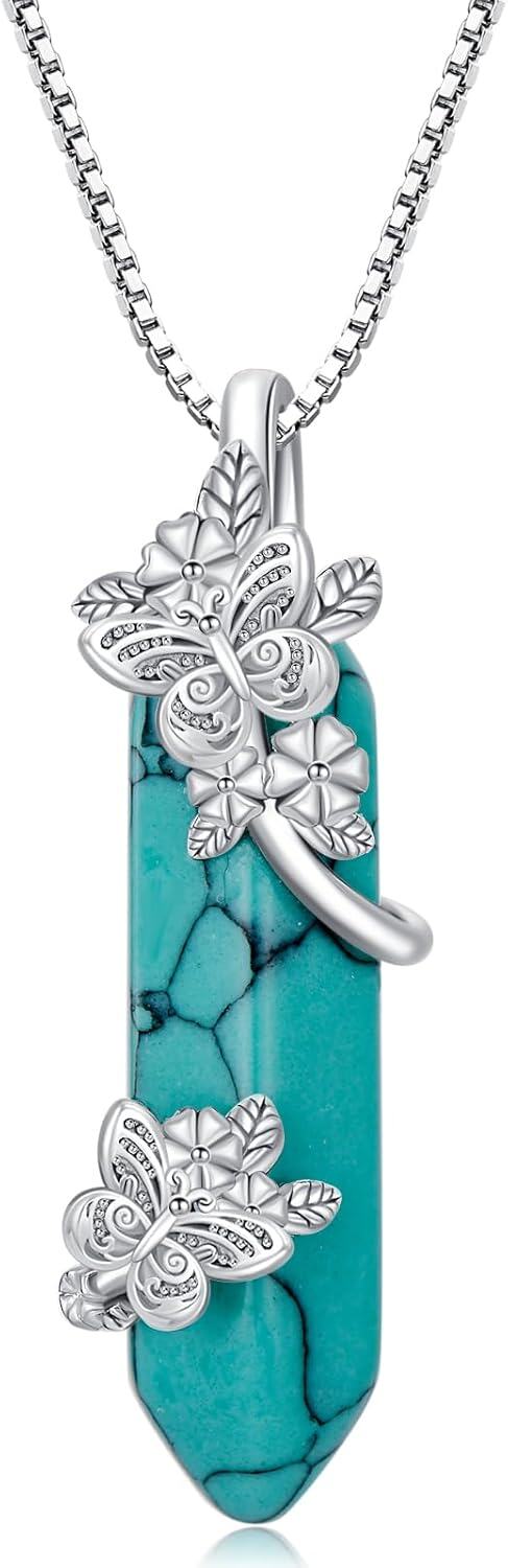 Sterling Silver Moss Agate Turquoise Clover Ankh Sun Compass Necklace w Butterfly Dragonfly Bee Pendant Women s Gift-Butterfly