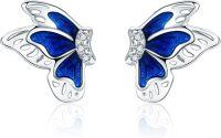 wholesale 925 Sterling Silver Butterfly Blue Enamel Stud Earrings with Cubic Zirconia Accents-butterfly