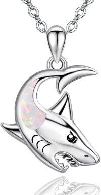 wholesale 925 Sterling Silver White Fire Opal Shark Moon Pendant Necklace for Women-White