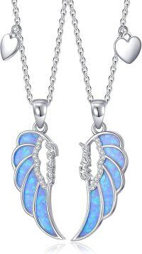 wholesale 925 Sterling Silver Angel Wing Pendant Necklaces for Women - Blue Fire Opal & Cubic Zirconia s-BFF-01