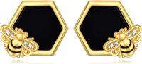 wholesale 925 Sterling Silver Bee Hexagon Stud Earrings with Black Onyx and Cubic Zirconia Gift for Her-Bee earrings onyx