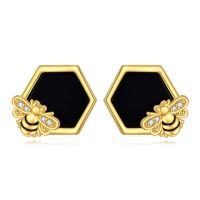 wholesale 925 Sterling Silver Bee Hexagon Stud Earrings with Black Onyx and Cubic Zirconia Gift for Her-Bee earrings onyx