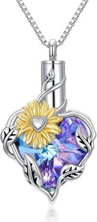 wholesale S925 Sterling Silver Purple Crystal Sunflower Urn Necklace for Ashes, Hypoallergenic Memorial Jewelry-Sunflower-Purple
