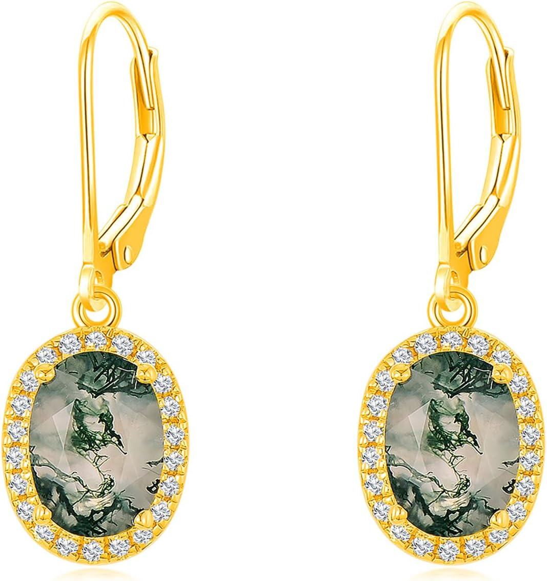 14K Gold Moss Agate Moissanite Leverback Drop Dangle Earrings for Women-0-1