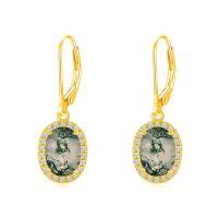 wholesale 14K Gold Green Moss Agate & White Cubic Zirconia Leverback Drop Dangle Earrings for Women-Pave Moissanite and Moss Agate Leverback Earrings