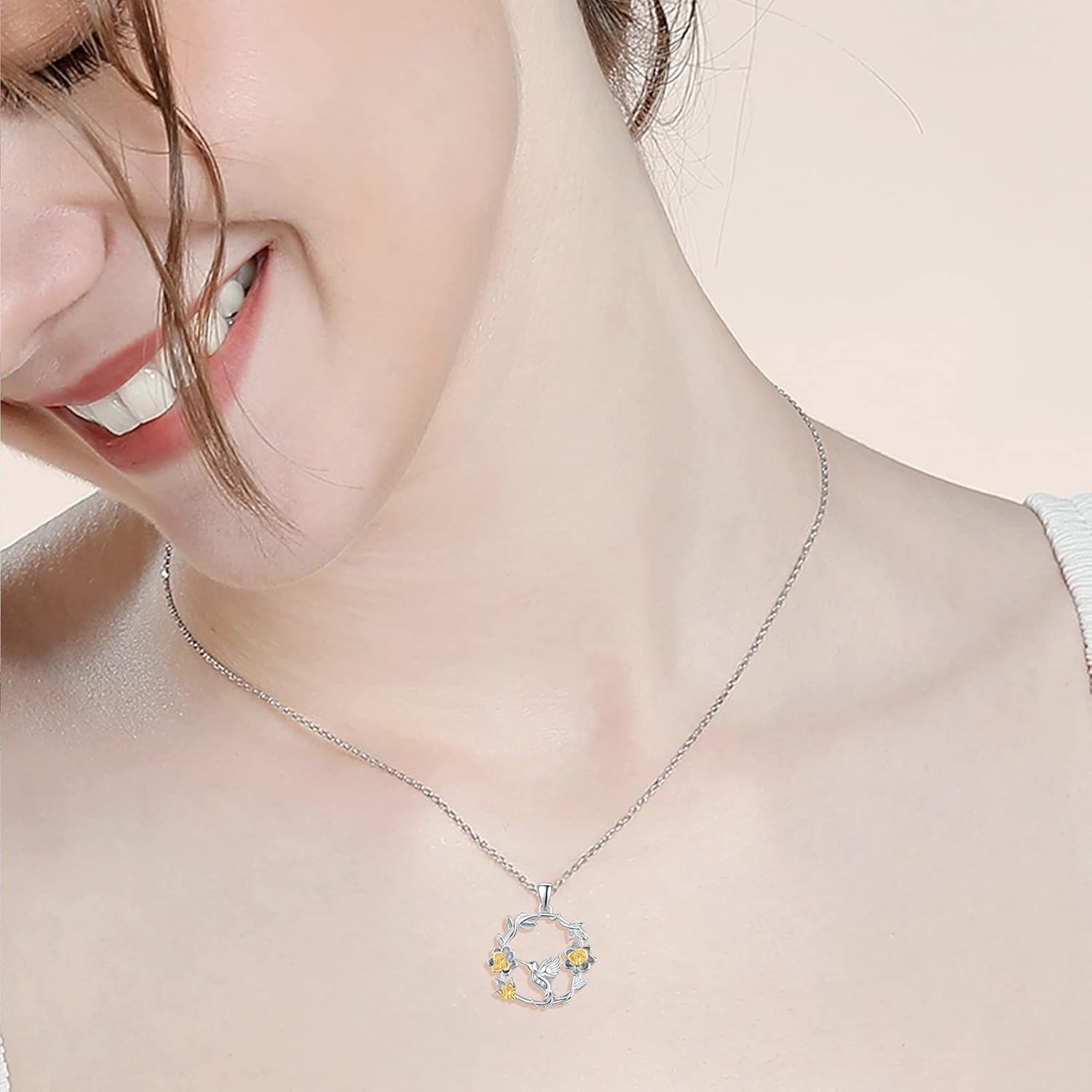  Sterling Silver Gemstone Cute Animal Flower Circle Necklace for Women Dog Fox Giraffe Unicorn Hummingbird Pendant Jewelry Gift -0-3